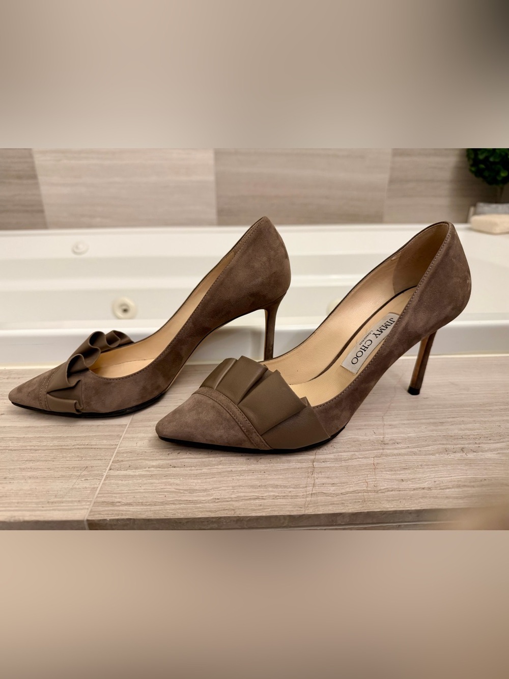 Jimmy Choo Taupe Suede Pointed Ruffle Pumps with Leather Accent